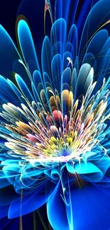 Intricate vibrant blue fractal flower design for mobile wallpaper.