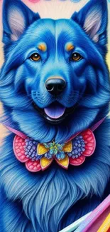 Colorful blue dog illustration wallpaper with pencils.