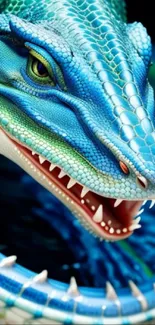 Vibrant blue dragon with intricate scales, fantasy art wallpaper.