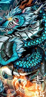 Blue dragon artwork with flames and intricate details.