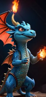 Blue dragon holding fire, vibrant art wallpaper.