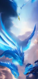 Fantasy mobile wallpaper featuring blue dragons in a dynamic sky scene.