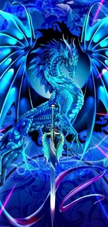 Vibrant blue dragon with wings, digital fantasy art wallpaper.