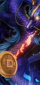 Intricate fantasy dragon art with blue scales, flames, and gold coin detail.