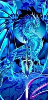 Vibrant blue dragon with intricate details.