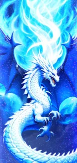 White dragon with blue flames on a fantasy-themed wallpaper.