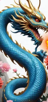 Blue dragon with gold accents coiled amid pink flowers breathing fire.