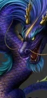 Vibrant blue dragon with golden horns in a mystical fantasy design.