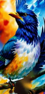 Vibrant blue bird with colorful feathers on a branch.