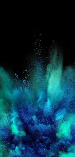 Vibrant blue and green explosion against black background on phone wallpaper.