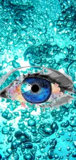 Abstract vibrant blue eye with aqua bubbles wallpaper.