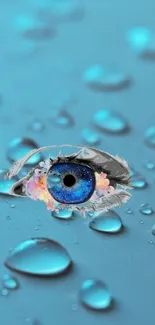 Digital art of a blue eye with floral accents, set on a watery blue background.