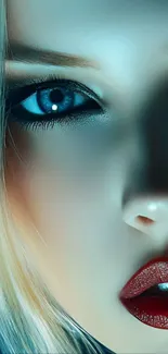 Closeup of a face with blue eyes and red lips in a stylized portrait.
