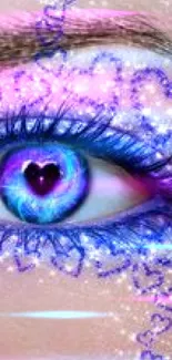 Vibrant blue eye with heart designs in digital art wallpaper.