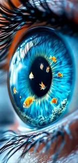 Surreal blue eye with goldfish swimming inside.