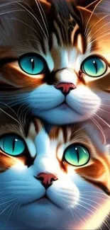 Two artistically rendered cats with striking blue eyes on mobile wallpaper.