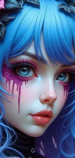 Fantasy art with blue hair and neon eyes.