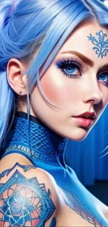 Vibrant blue fantasy art character with tattoo and bright eyes.