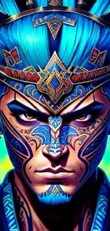 Blue fantasy character with intricate face patterns and vibrant colors.