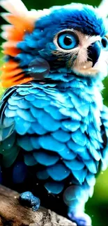 Vibrant blue fantasy owl with colorful feathers on a branch.