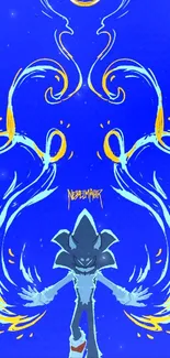 Animated character with vibrant blue swirling elements on phone wallpaper.