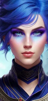 Fantasy character with vivid blue hair and intricate clothing.