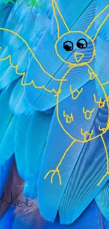 Vibrant blue feather wallpaper with playful yellow doodle art.