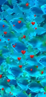 Vibrant blue fish swim with scattered red hearts in this lively mobile wallpaper.