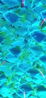 Vibrant blue fish swarm in ocean hues.