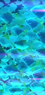 Colorful school of blue fish on a mobile wallpaper.