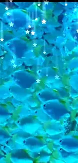 Underwater scene with vibrant blue fish and sparkling stars.