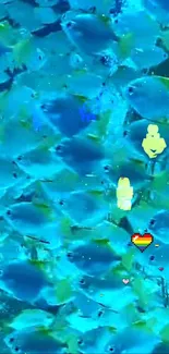 Vibrant blue fish swim in a colorful underwater scene.