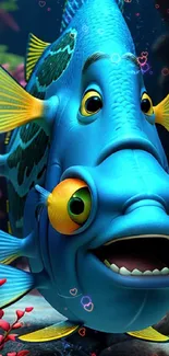 Colorful animated blue fish amidst corals in ocean scene.