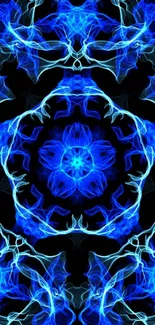 Intricate electric blue flame art pattern on a dark background.