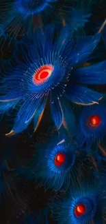 Vibrant blue flowers with glowing red center.