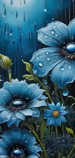 Blue flowers with raindrops under a night sky.