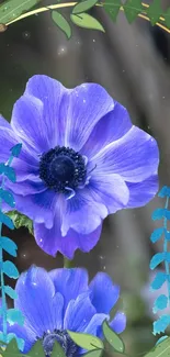 Vivid blue flower with leafy accents on phone wallpaper.