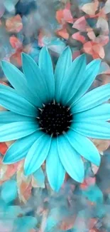 Vibrant blue daisy on artistic floral background.