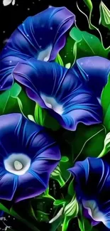 Vibrant blue flowers with green leaves on mobile wallpaper.