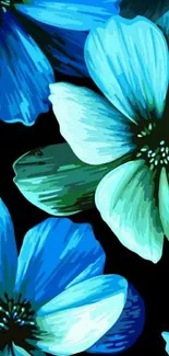 Vibrant blue floral wallpaper with teal flowers on a black background.