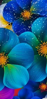 Vibrant blue floral phone wallpaper with colorful flowers.