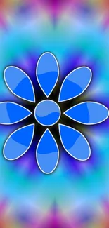 Vibrant blue flower with colorful kaleidoscope background wallpaper.