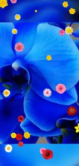 Blue floral wallpaper with vibrant blossoms.