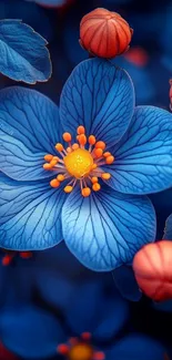 Vibrant blue flower with orange center petals.
