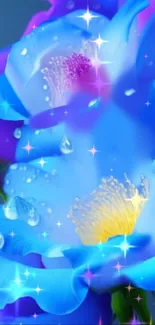 Blue and purple floral fantasy wallpaper with sparkles.