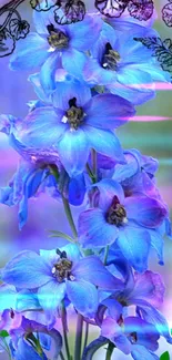 Blue and purple flower wallpaper with delicate floral art design.