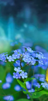 Blue flowers with a yellow butterfly in a serene setting.