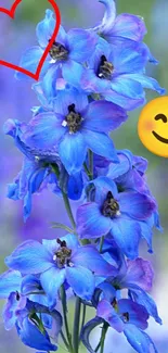 Vibrant blue flowers with emoji and heart.