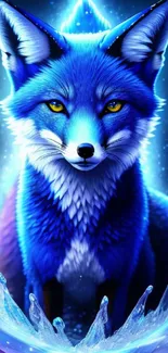 Illustration of a vibrant blue fox with glowing water elements in stunning colors.