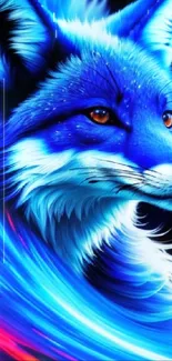 Vibrant blue fox with neon colors in a fantasy art wallpaper.